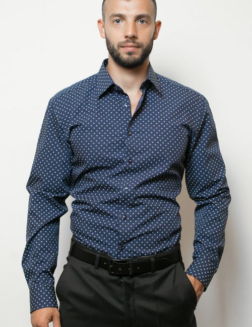 02-8570-F18B-19 (1) Мужская рубашка приталенная (Slim Fit) синяя с якорями со стандартным рукавом