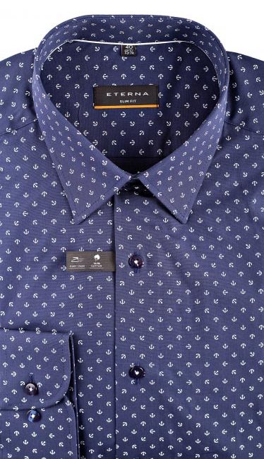 02-8570-F18B-19 (2) Мужская рубашка приталенная (Slim Fit) синяя с якорями со стандартным рукавом