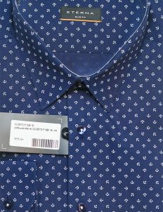 Мужская рубашка приталенная синяя с якорями 100% хлопок